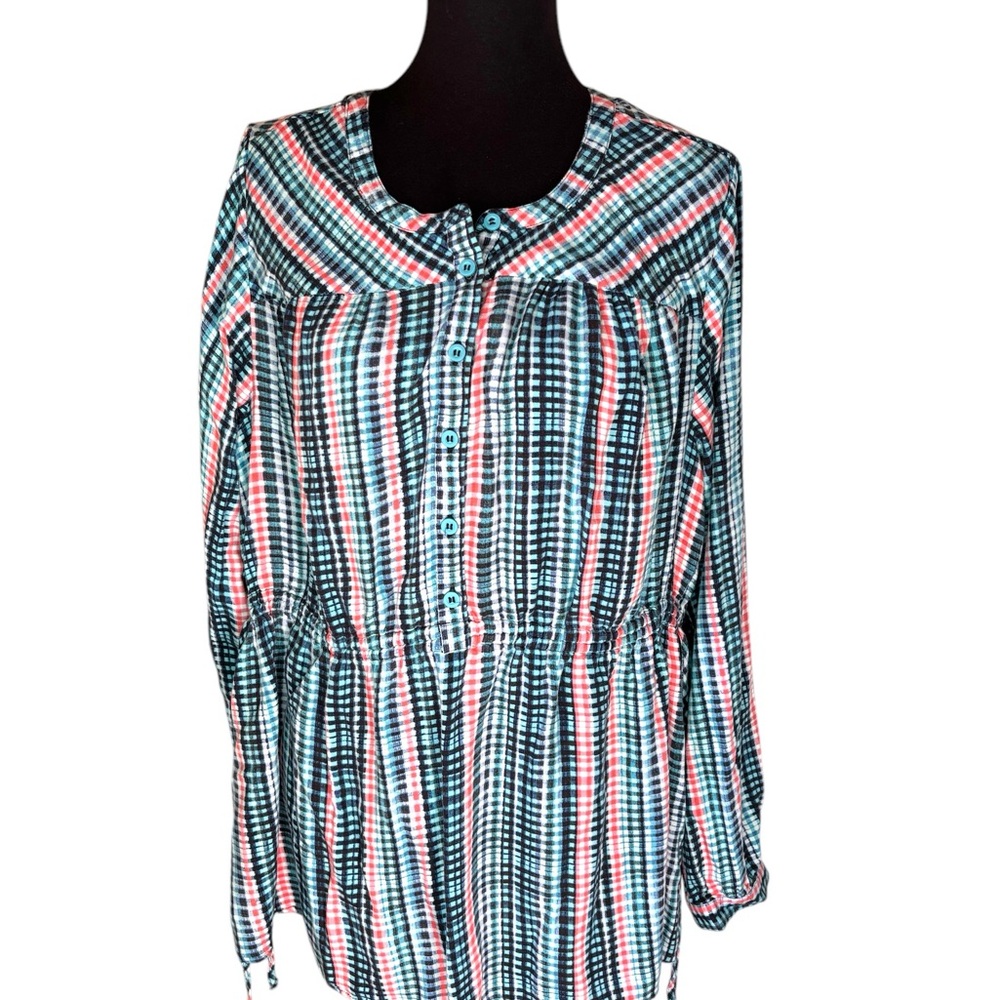 Lane Bryant Blue Black Long Sleeve Blouse with Bib Collar